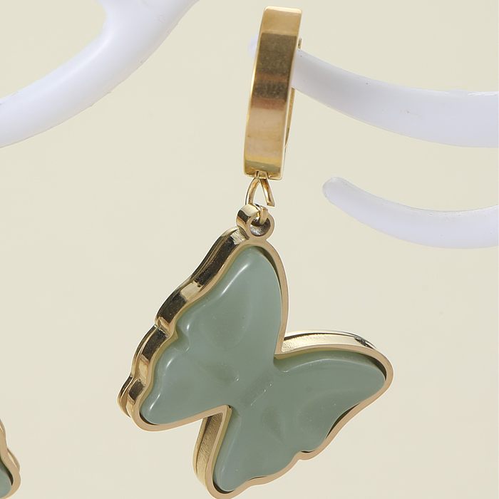 Boucles d'oreilles pendantes en acier inoxydable, 1 paire, Style Vintage élégant, incrustation de papillon, Aventurine verte