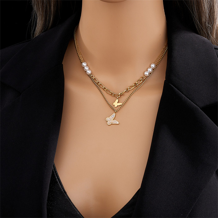 Collares en capas de perlas artificiales chapados en acero inoxidable, mariposa, estilo coreano, moda Retro, 1 pieza