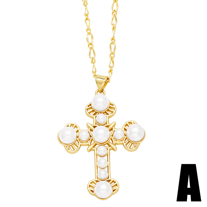 Elegante Kreuz-Anhänger-Halskette aus Edelstahl mit Kupferbeschichtung und Intarsienperle, 18 Karat vergoldet