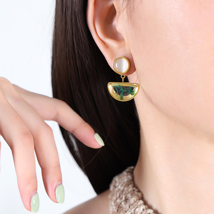 1 Pair Elegant Geometric Plating Inlay Resin Stainless Steel Opal 18K Gold Plated Drop Earrings