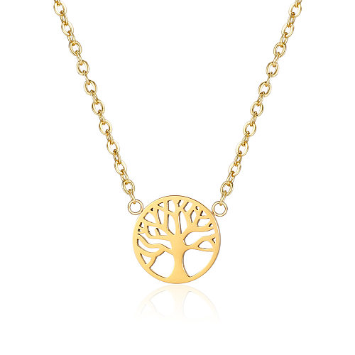 Collier avec pendentif en forme d'arbre de style simple, incrusté d'or, en acier inoxydable, 1 pièce