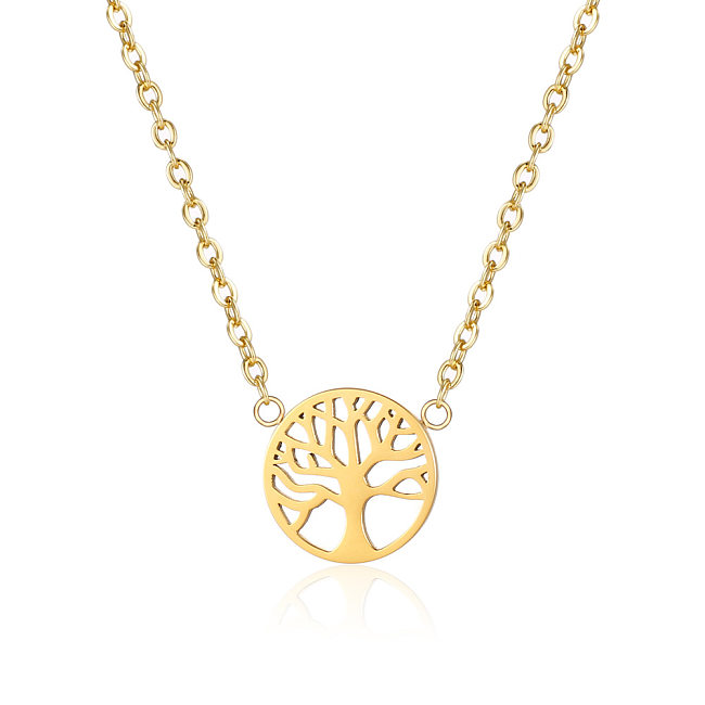Collier avec pendentif en forme d'arbre de style simple, incrusté d'or, en acier inoxydable, 1 pièce