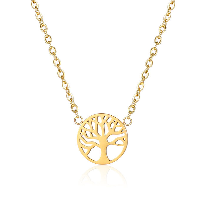 Collier avec pendentif en forme d'arbre de style simple, incrusté d'or, en acier inoxydable, 1 pièce