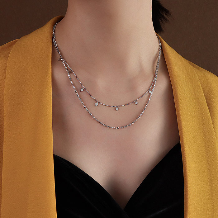 Doppellagige Halskette aus Edelstahl mit Quastenkette im französischen Stil, geometrische Raute