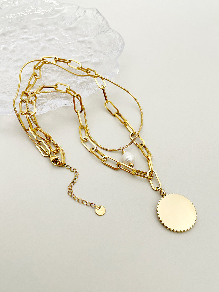 Casual estilo simples estilo romano redondo formato de coração aço inoxidável revestimento esmaltado incrustação zircão banhado a ouro colares em camadas