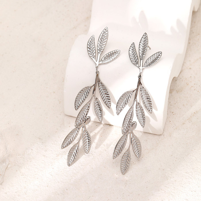 1 paire de boucles d'oreilles pendantes en acier inoxydable plaqué or, Style Simple, feuilles plaquées