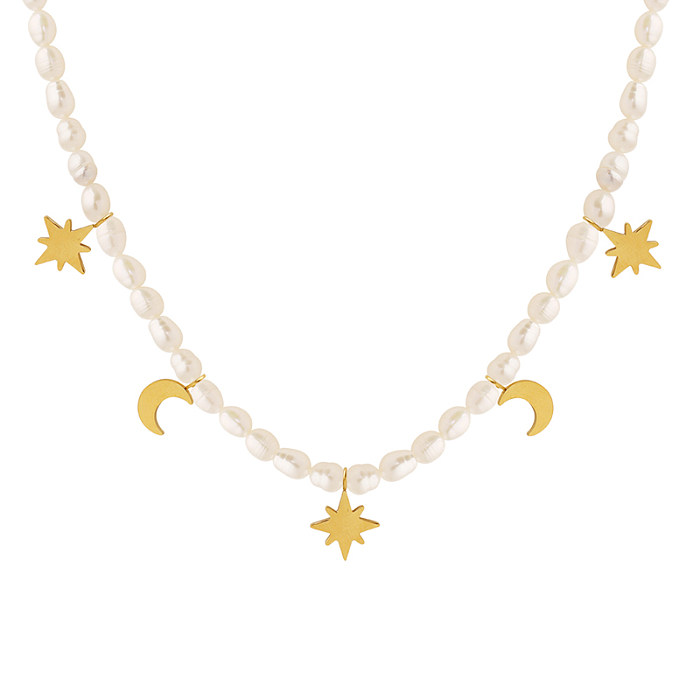 Estilo simples estrela lua aço inoxidável frisado banhado a ouro gargantilha de pérolas artificiais 1 peça