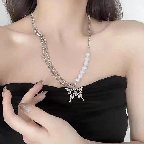 Hip-Hop Butterfly Artificial Pearl Stainless Steel Plating Pendant Necklace