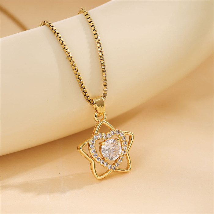 Bonito estrela brilhante forma de coração aço inoxidável chapeamento inlay zircão 18k colar pingente banhado a ouro