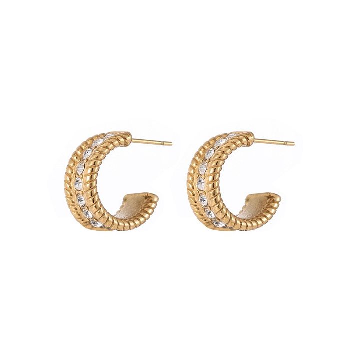 Pendientes geométricos de acero inoxidable con hilo trenzado de diamantes de moda europea y americana Pendientes versátiles en forma de C con giro retro para mujer