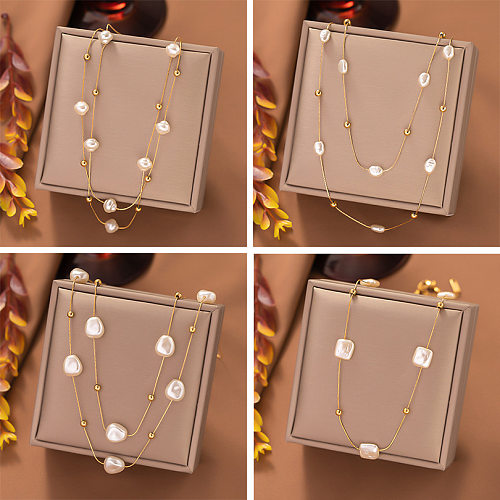 Simple Style Classic Style Geometric Imitation Pearl Stainless Steel Plating Layered Necklaces