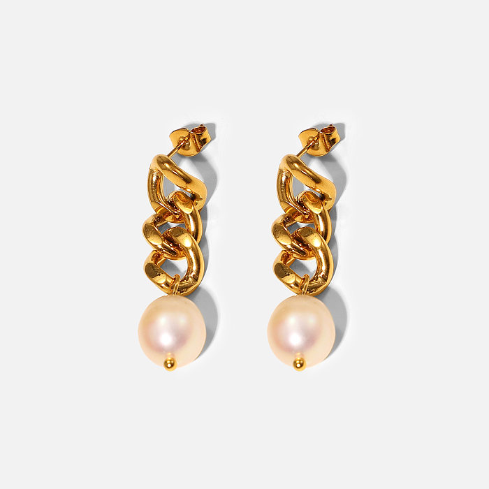 Neue geometrische Edelstahl-Ohrringe mit 18 Karat vergoldeten barocken Perlen