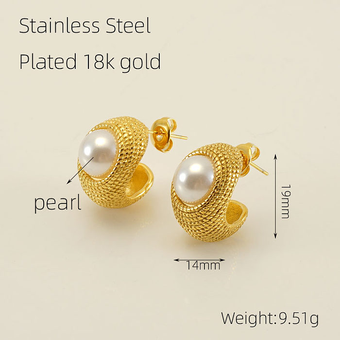 1 par de brincos de polimento geométrico elegante, incrustação de aço inoxidável pérola 18K banhado a ouro