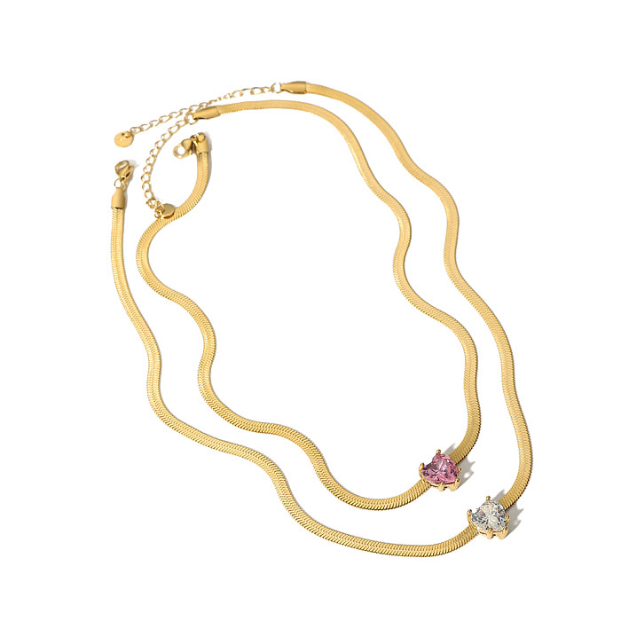 1 Stück Edelstahl plattiert 18 Karat Gold Liebe herzförmige eingelegte Zirkon-Anhängerkette wie flache Schlangenhalskette für Frauen