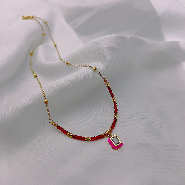 Collier avec pendentif rectangulaire en acier inoxydable, avec perles et émail, incrustation de Zircon, 1 pièce