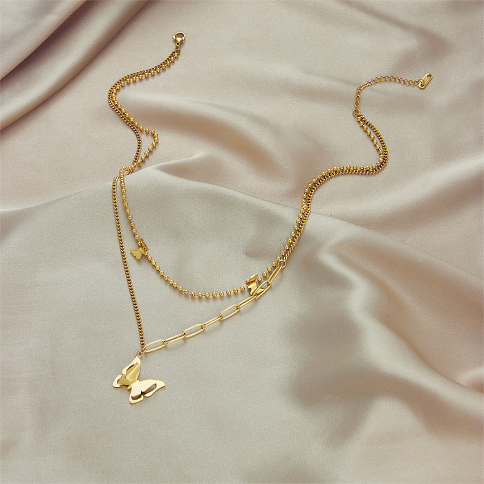 Schlichte Doppelschicht-Halsketten mit Schmetterlings-Edelstahlbeschichtung und 18-Karat-Vergoldung