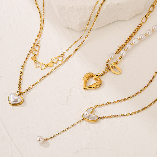 Simple Style Commute Heart Shape Stainless Steel Inlay Shell 18K Gold Plated Pendant Necklace