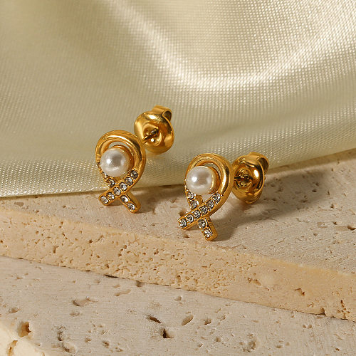 1 par de pendientes chapados en oro de 18 quilates con incrustaciones redondas de estilo moderno e informal de acero inoxidable con perlas y circonitas