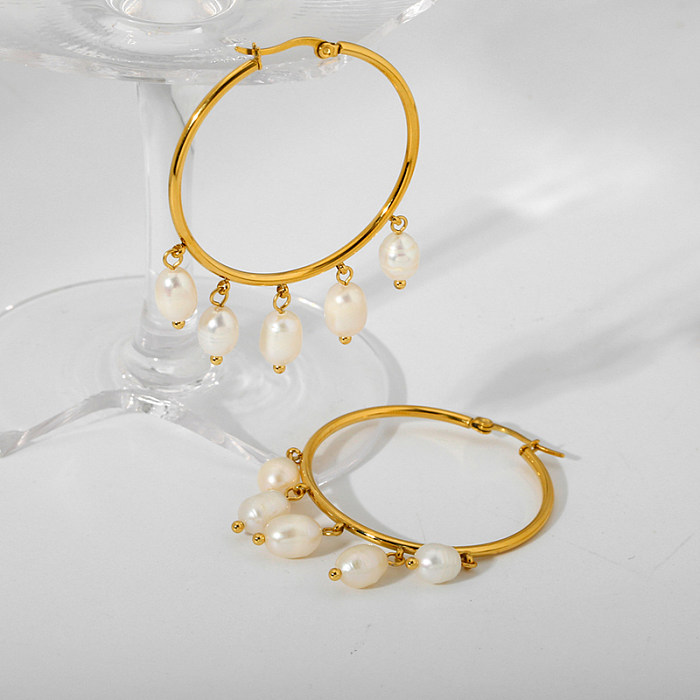 1 Paar elegante runde Ohrhänger aus Edelstahl mit Süßwasserperle und 18 Karat vergoldet
