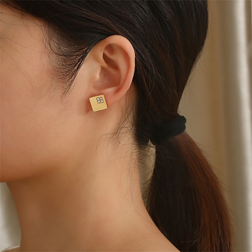 1 paire de clous d'oreilles décontractés, Style Simple et mignon, incrustation carrée en acier inoxydable, Zircon plaqué or et argent