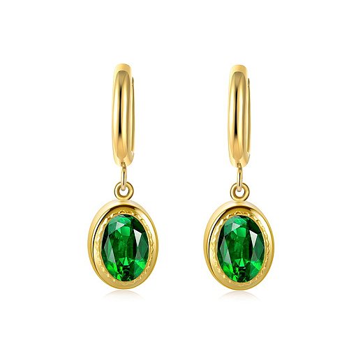 Emerald Zircon Ear Buckles Stainless Steel Oval Geometric Earrings