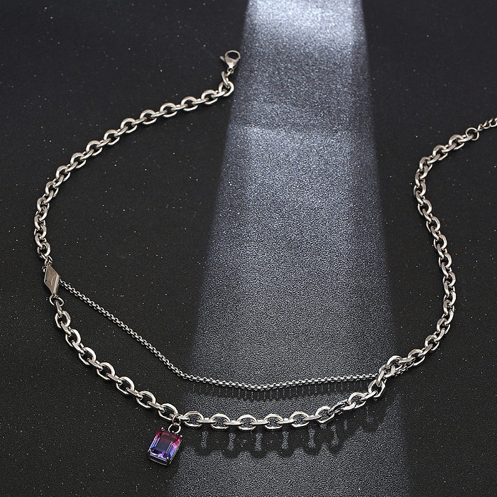 Collier Long avec pendentif rectangulaire en acier inoxydable, Style Simple et décontracté, incrustation de chaîne, pierres précieuses