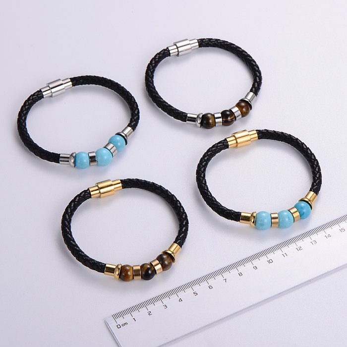 Casual Multicolor Stainless Steel Pu Leather Natural Stone Beaded Plating Braid 24K Gold Plated Wristband Bracelets