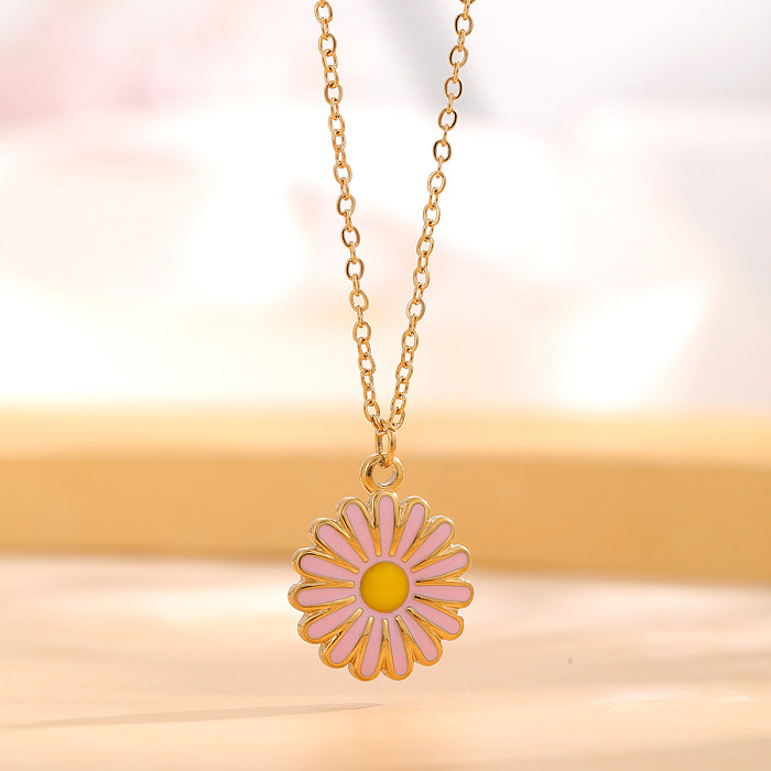 Retro Pastoral Daisy Stainless Steel Enamel Plating Gold Plated Pendant Necklace