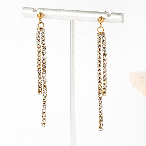 1 Paar elegante, glänzende Quasten-Ohrringe mit Inlay aus Edelstahl und 14 Karat vergoldeten Strasssteinen