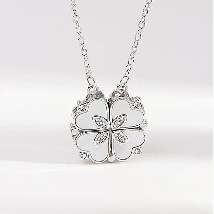 Sweet Pastoral Four Leaf Clover Stainless Steel Inlay Zircon Charms Pendant Necklace