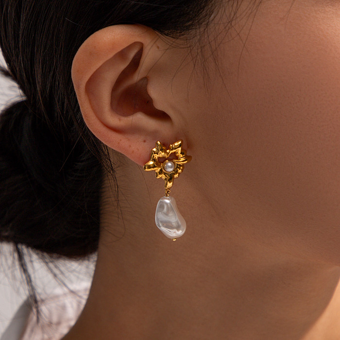 1 paire de boucles d'oreilles pendantes plaquées or 18 carats, Style IG, en forme de cœur irrégulière, en acier inoxydable, Imitation de perle