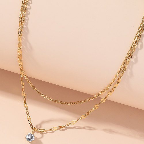 Strass embutidos em aço inoxidável, cor sólida, estilo simples, colares em camadas banhados a ouro 18K