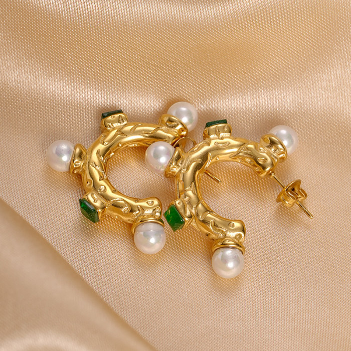 Boucles d'oreilles en forme de C, 1 paire, incrustation de placage en forme de C de Style moderne, perles artificielles en acier inoxydable, Zircon plaqué or
