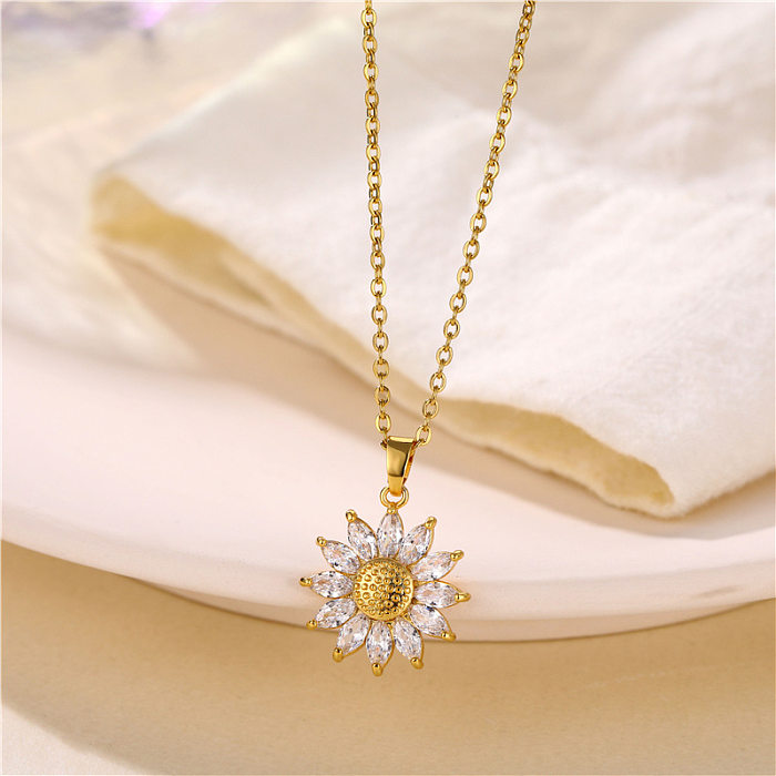 1 Piece Casual Sunflower Circle Stainless Steel  Stainless Steel Polishing Plating Inlay Diamond Pendant Necklace