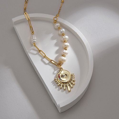 Fashion Eye Stainless Steel  Plating Artificial Pearls Rhinestones Pendant Necklace