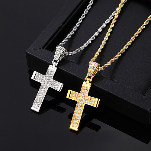 Hip-Hop Vintage Style Rock Cross Stainless Steel  Alloy Plating Inlay Zircon Gold Plated Silver Plated Pendant Necklace