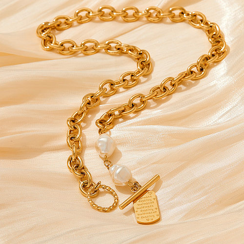 Modische Halskette mit geometrischem Edelstahlüberzug und künstlichen Perlen, 1 Stück