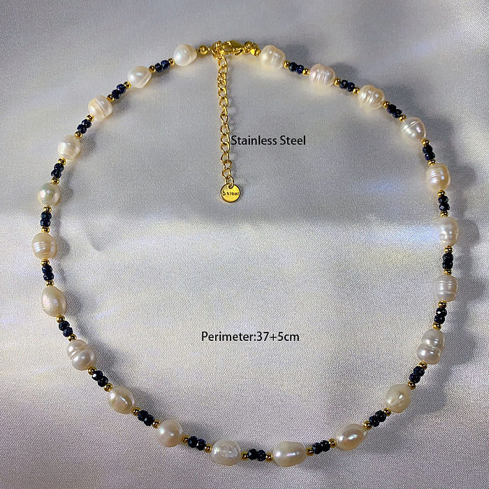 Collier de perles artificielles rondes en acier inoxydable, style simple