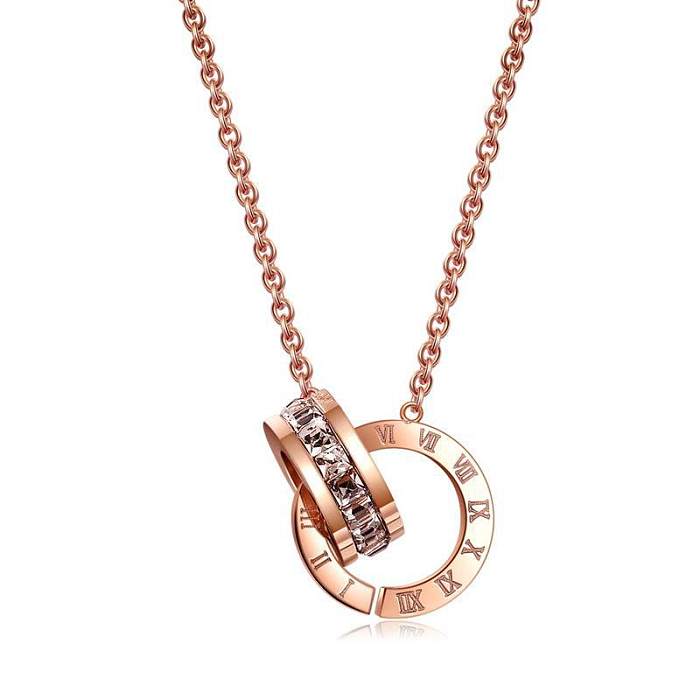 Korean Style Round Number Stainless Steel Plating Inlay Zircon 18K Gold Plated Pendant Necklace