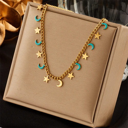Retro Star Moon Stainless Steel Enamel 18K Gold Plated Necklace