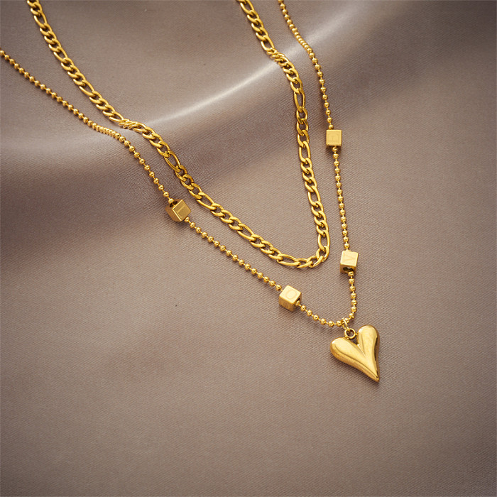 قلادات ذات طبقات من الفولاذ المقاوم للصدأ على شكل قلب على الطراز الكوري مطلية بالذهب عيار 18 قيراط