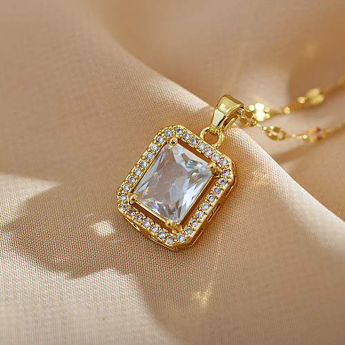 IG Style Simple Style Rectangle Stainless Steel  Copper Plating Inlay Zircon Pendant Necklace