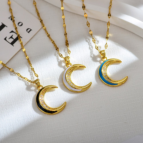 Collier avec pendentif en forme de lune, élégant et luxueux, en acier inoxydable, cuivre et émail, incrustation de Zircon plaqué or 18 carats