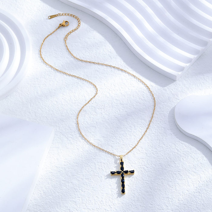 Retro Simple Style Cross Stainless Steel Plating Inlay Zircon 24K Gold Plated Pendant Necklace