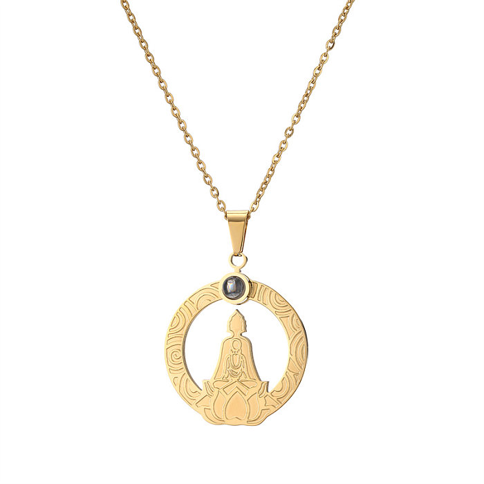Casual Hip-Hop Buddha Lotus Stainless Steel  Hollow Out Inlay Glass Stone Pendant Necklace
