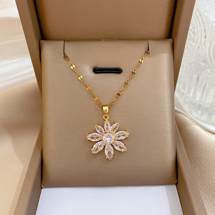 Fashion Flower Stainless Steel Copper Inlay Zircon Pendant Necklace