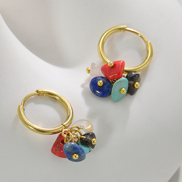 Boucles d'oreilles en acier inoxydable, couleur unie, placage de perles artificielles, pierre naturelle, boucles d'oreilles en acier inoxydable