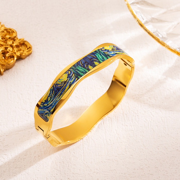 INS Style Ethnic Style Printing Stainless Steel Enamel Plating 18K Gold Plated Bangle