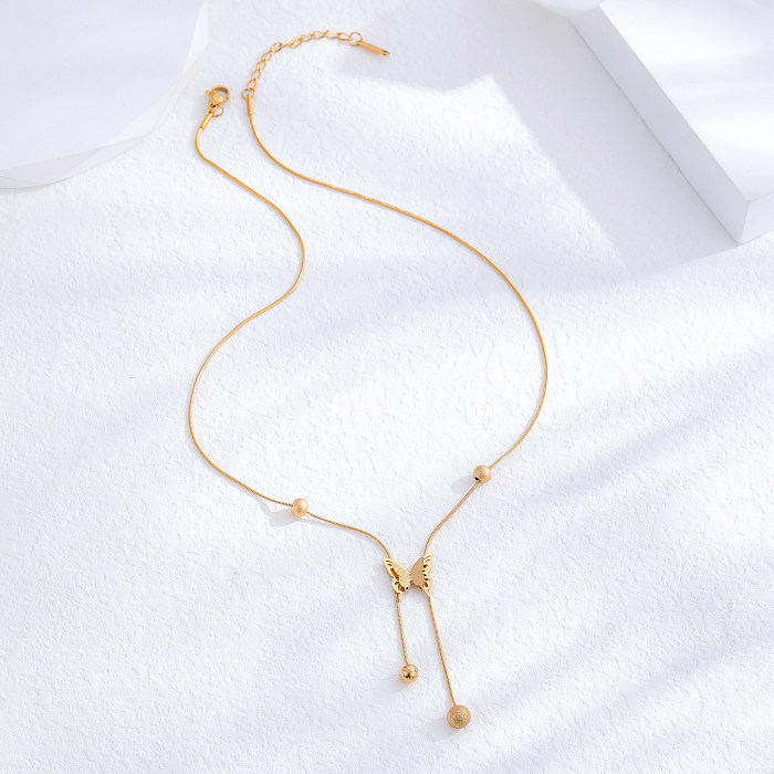 Wholesale Vintage Style Tassel Heart Shape Butterfly Stainless Steel 24K Gold Plated Rhinestones Necklace
