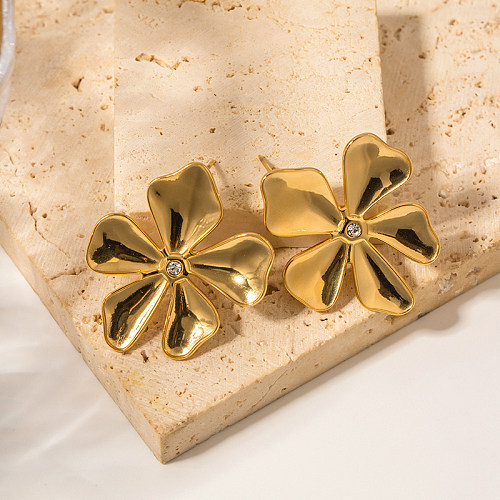 زوج واحد من ترصيع الأذن المطلي بالفولاذ المقاوم للصدأ على شكل زهرة أنيقة والألماس الاصطناعي المطلي بالذهب عيار 1 قيراط